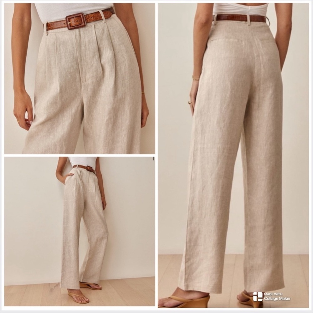 Reformation Pant Linen Pleated high waisted Trouser Oatmeal Sz 6